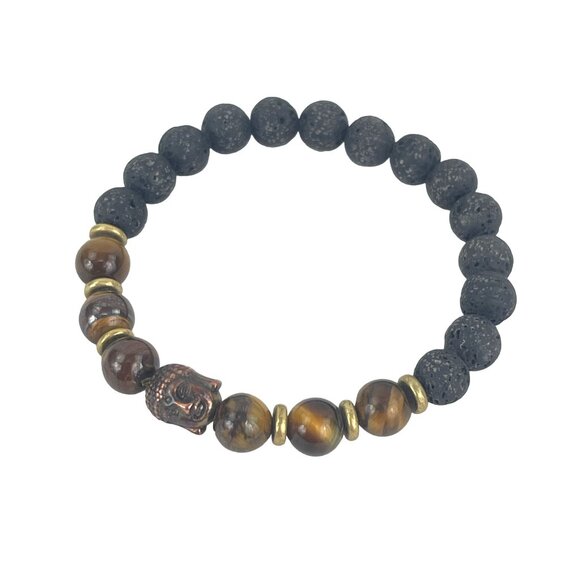 Buddha Copper Lava Rock and Tiger Eye Beaded Bracelet - Picture 4 of 7